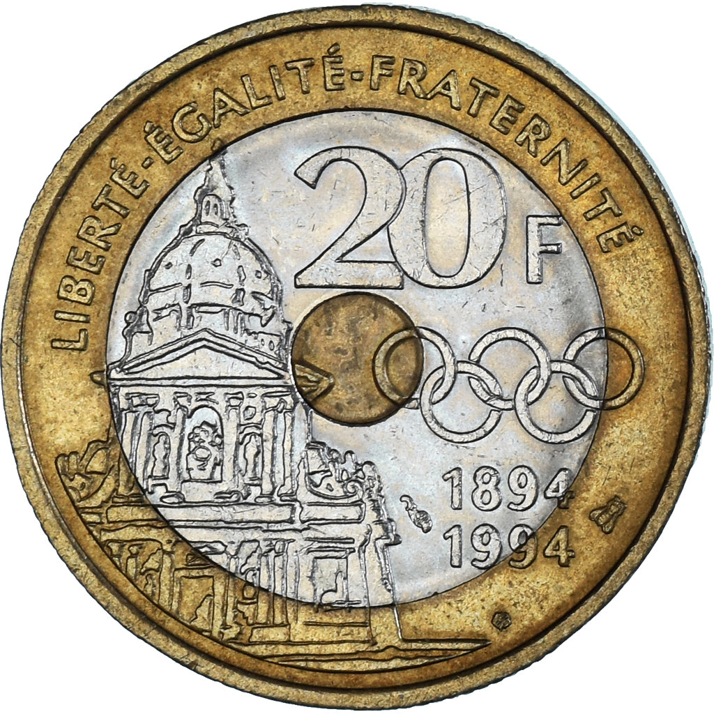 Moeda, França, Pierre de Coubertin, 20 Francs, 1994, AU(55-58), Trimetálico