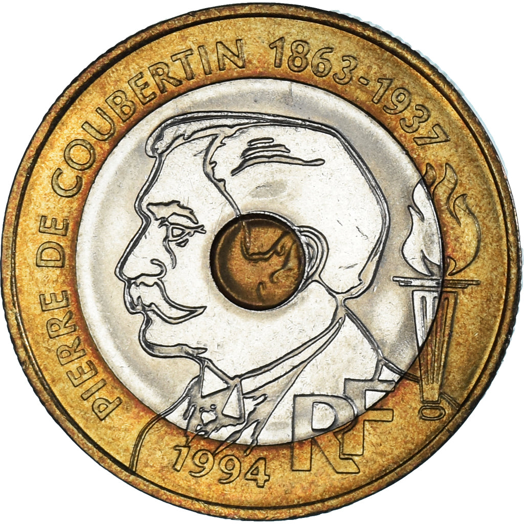 Moeda, França, Pierre de Coubertin, 20 Francs, 1994, MS(63), Trimetálico