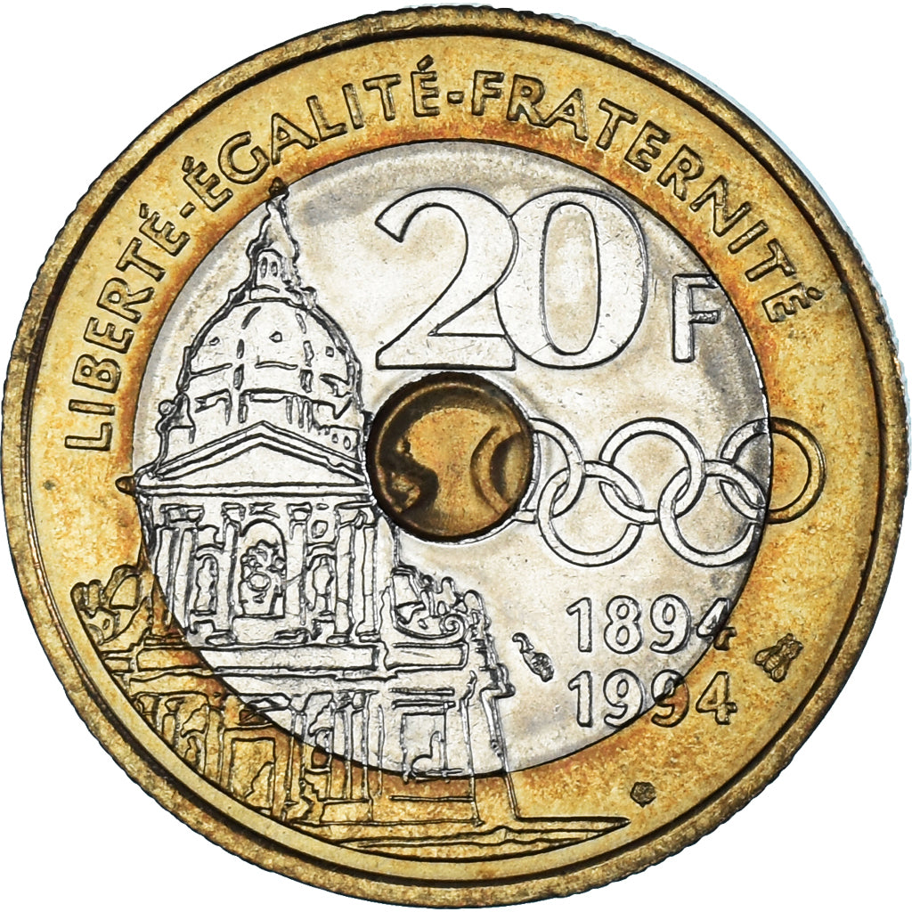 Moeda, França, Pierre de Coubertin, 20 Francs, 1994, MS(63), Trimetálico