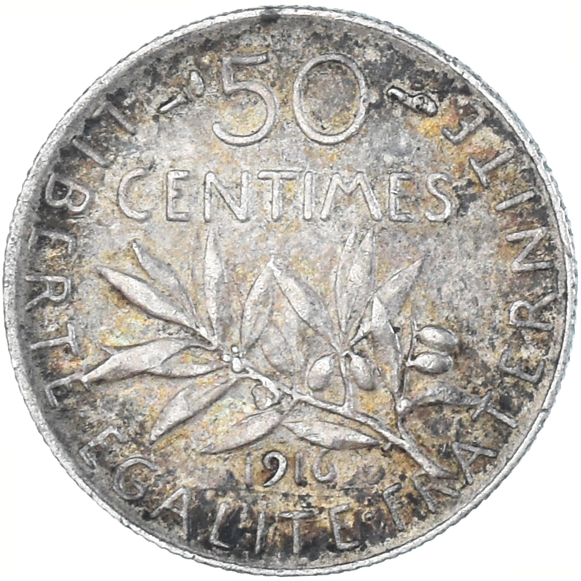 Munten, Frankrijk, Semeuse, 50 Centimes, 1916, Paris, ZF+, Zilver, KM:854