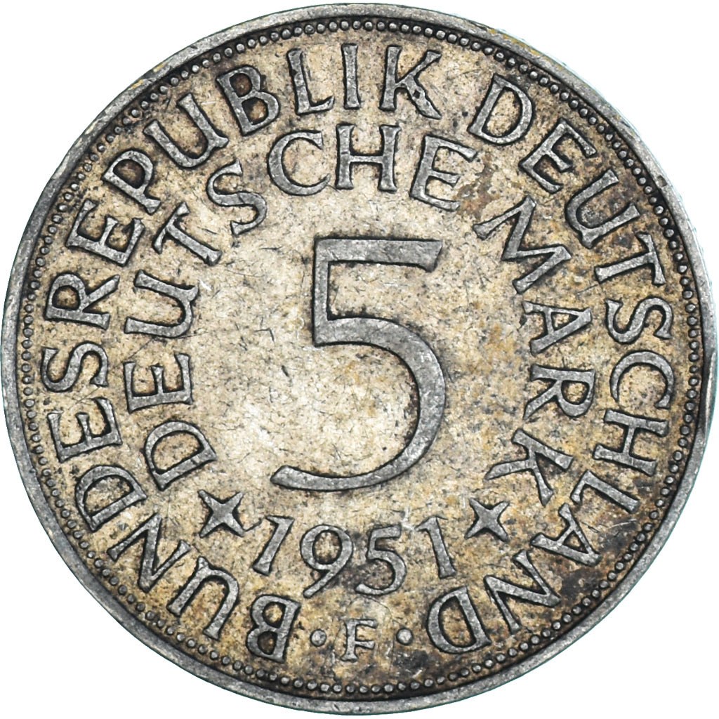Moeda, ALEMANHA - REPÚBLICA FEDERAL, 5 Mark, 1951, Stuttgart, AU(55-58), Prata