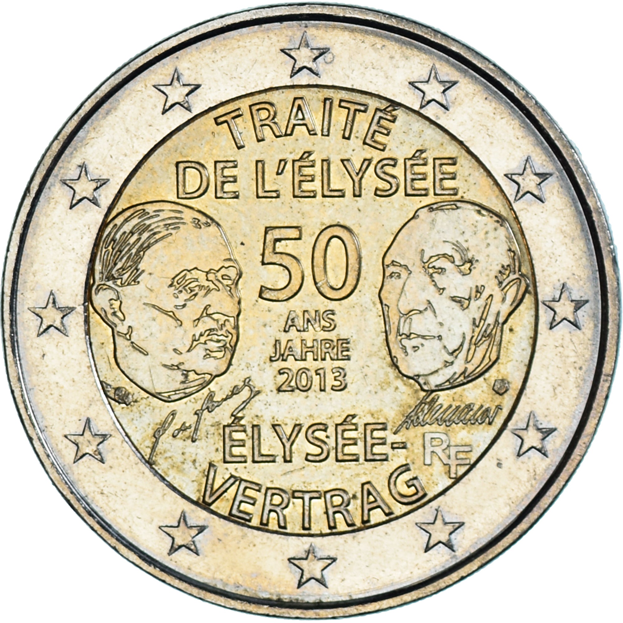 Francia, 2 Euro, 50 ans du traité de l'Élysée, 2013, Paris, SC, Bimetálico