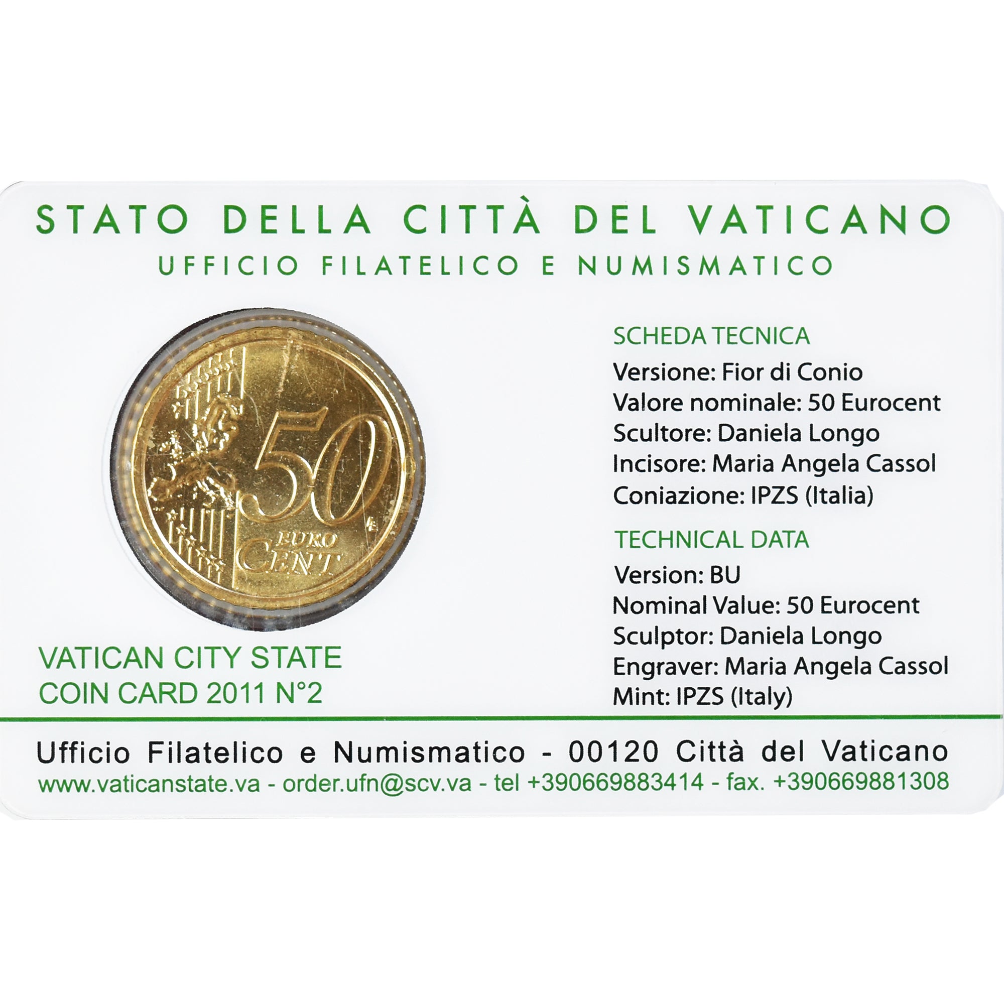 VATICAN CITY, Pape Benoit XVI, 50 Euro Cent, 2011, Rome, Coin card N2, MS(65-70)