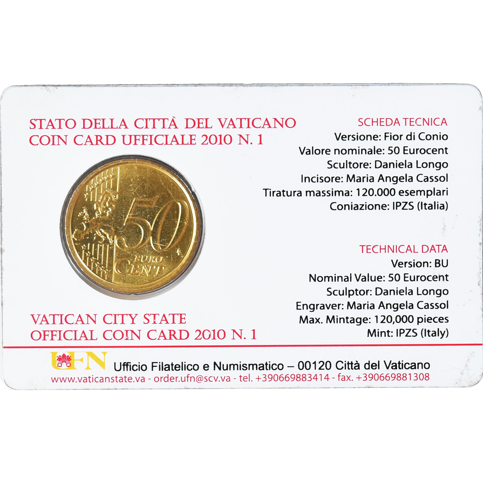 VATICAN CITY, Pape Benoit XVI, 50 Euro Cent, 2010, Rome, Coin card N1, MS(65-70)