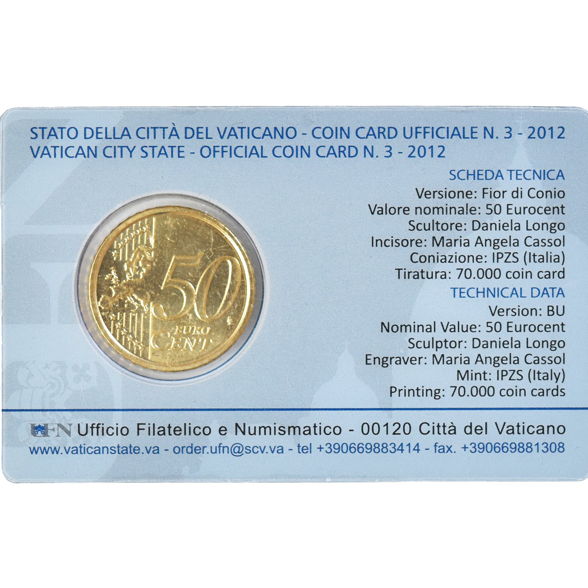 VATICAN CITY, Pape Benoit XVI, 50 Euro Cent, 2012, Rome, Coin card N3, MS(65-70)