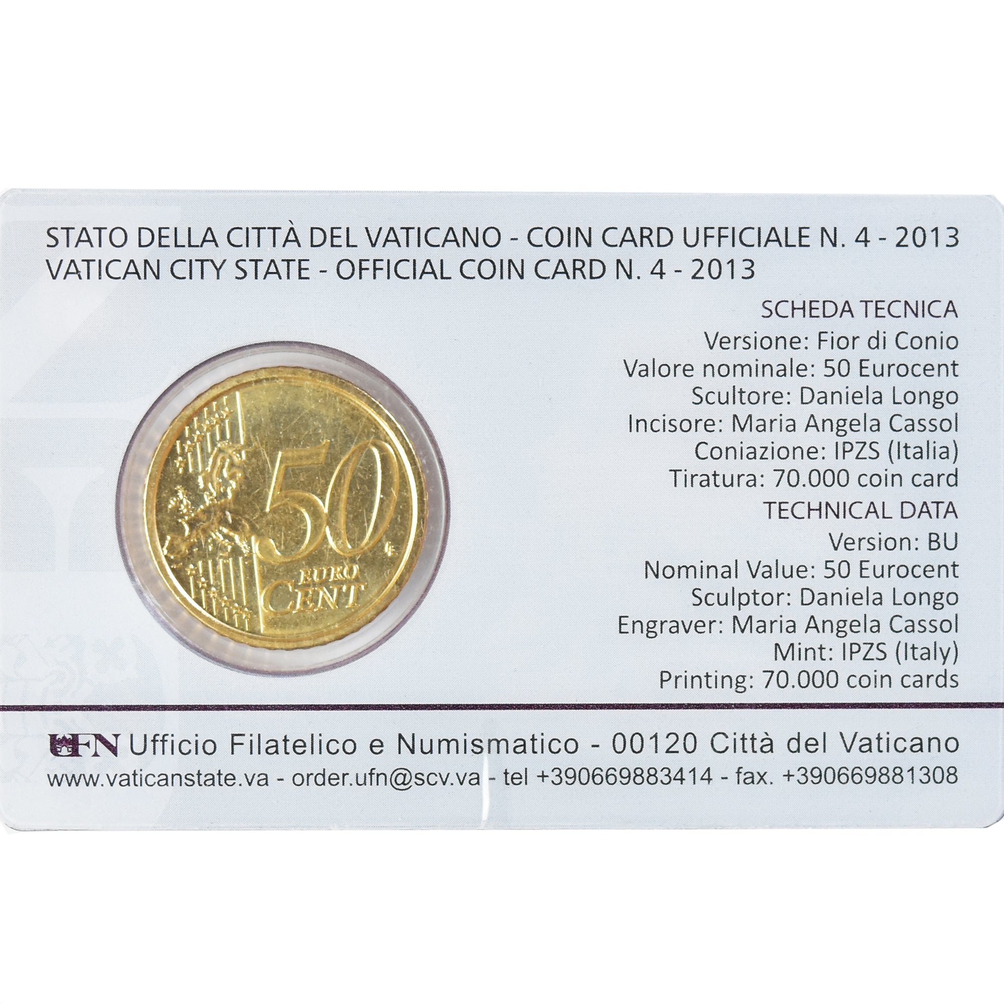 Vaticaanstad, 50 Euro Cent, 2013, Rome, Coin card, FDC, Tin, KM:387
