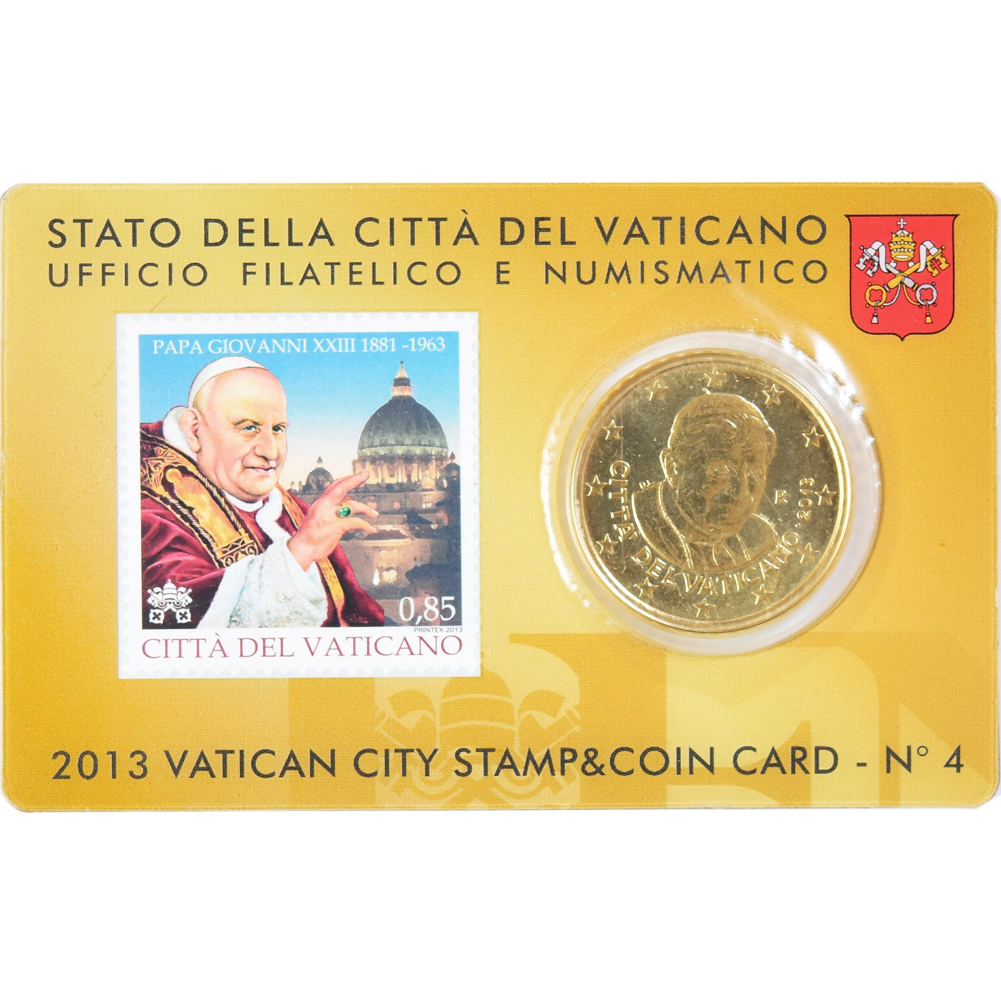 VATICAN CITY, 50 Euro Cent, 2013, Rome, Stamp and coin card N4, MS(65-70), Brass
