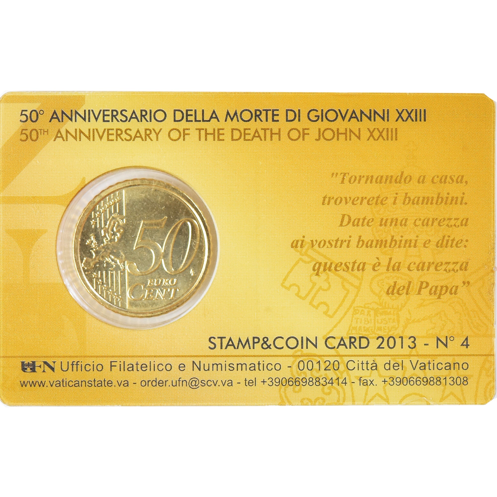 VATICAN CITY, 50 Euro Cent, 2013, Rome, Stamp and coin card N4, MS(65-70), Brass