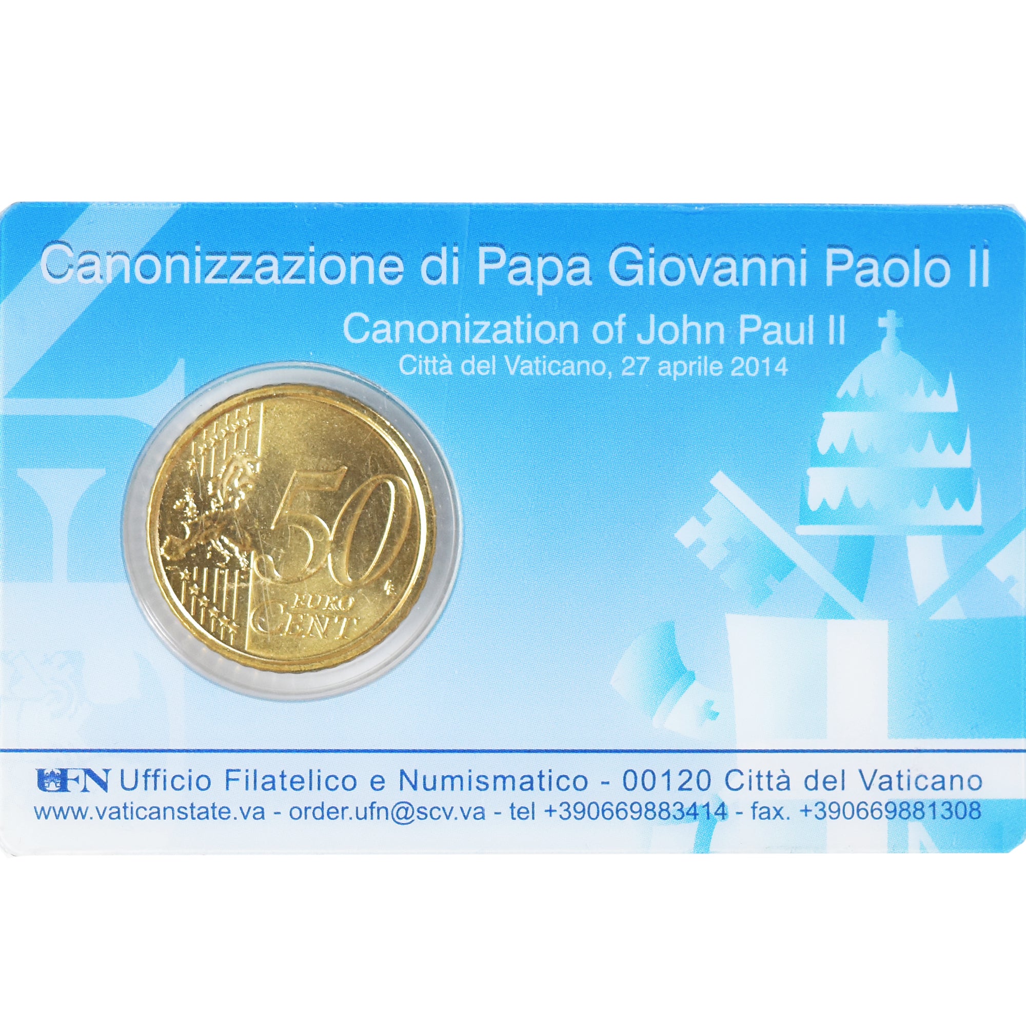 Vaticano, 50 Euro Cent, 2014, Stamp and coin card, FDC, Ottone