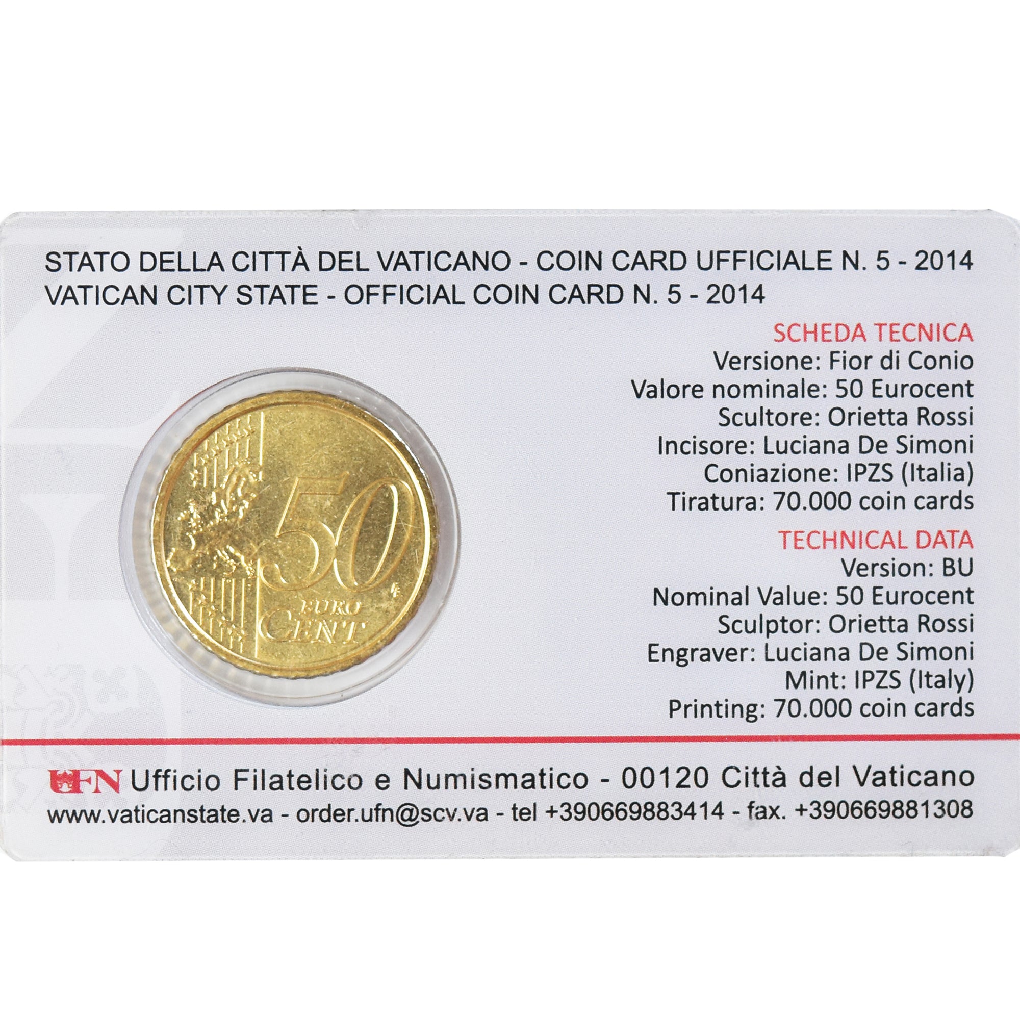Vatican, 50 Euro Cent, 2014, Coin card, MS(65-70), Brass