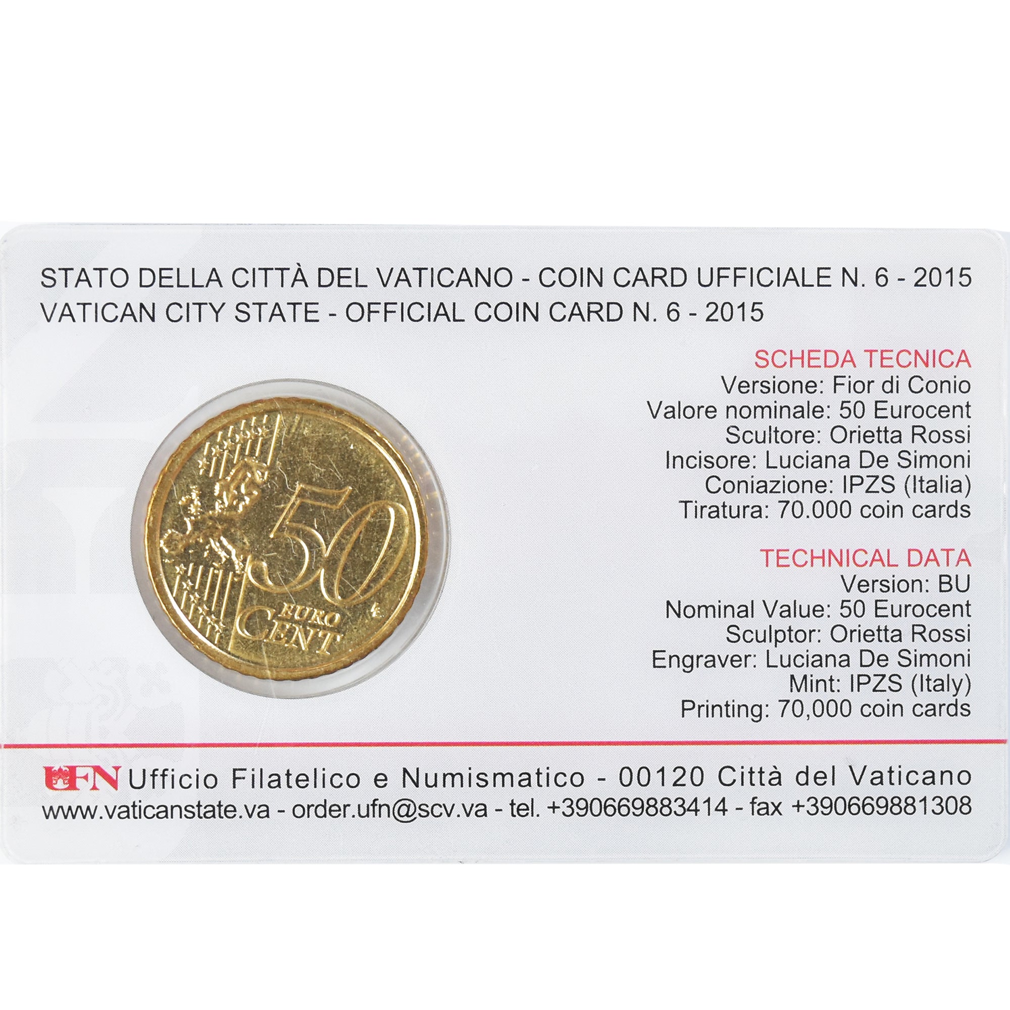 CITTÀ DEL VATICANO, 50 Euro Cent, 2015, Coin card, FDC, Ottone