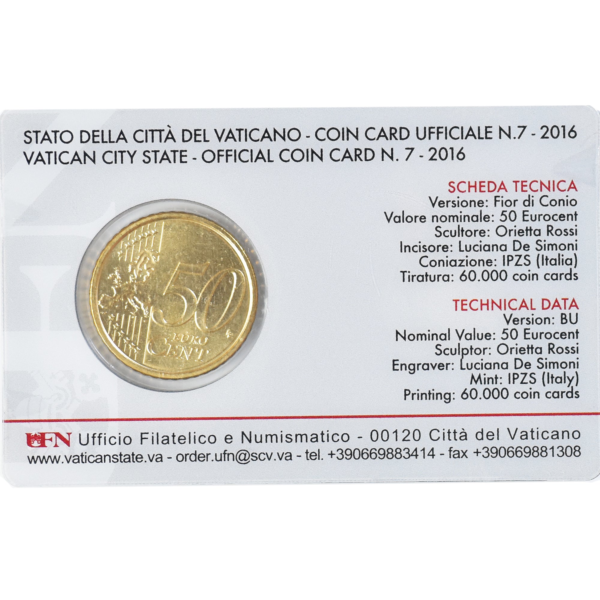 CITTÀ DEL VATICANO, 50 Euro Cent, 2016, Coin card, FDC, Ottone