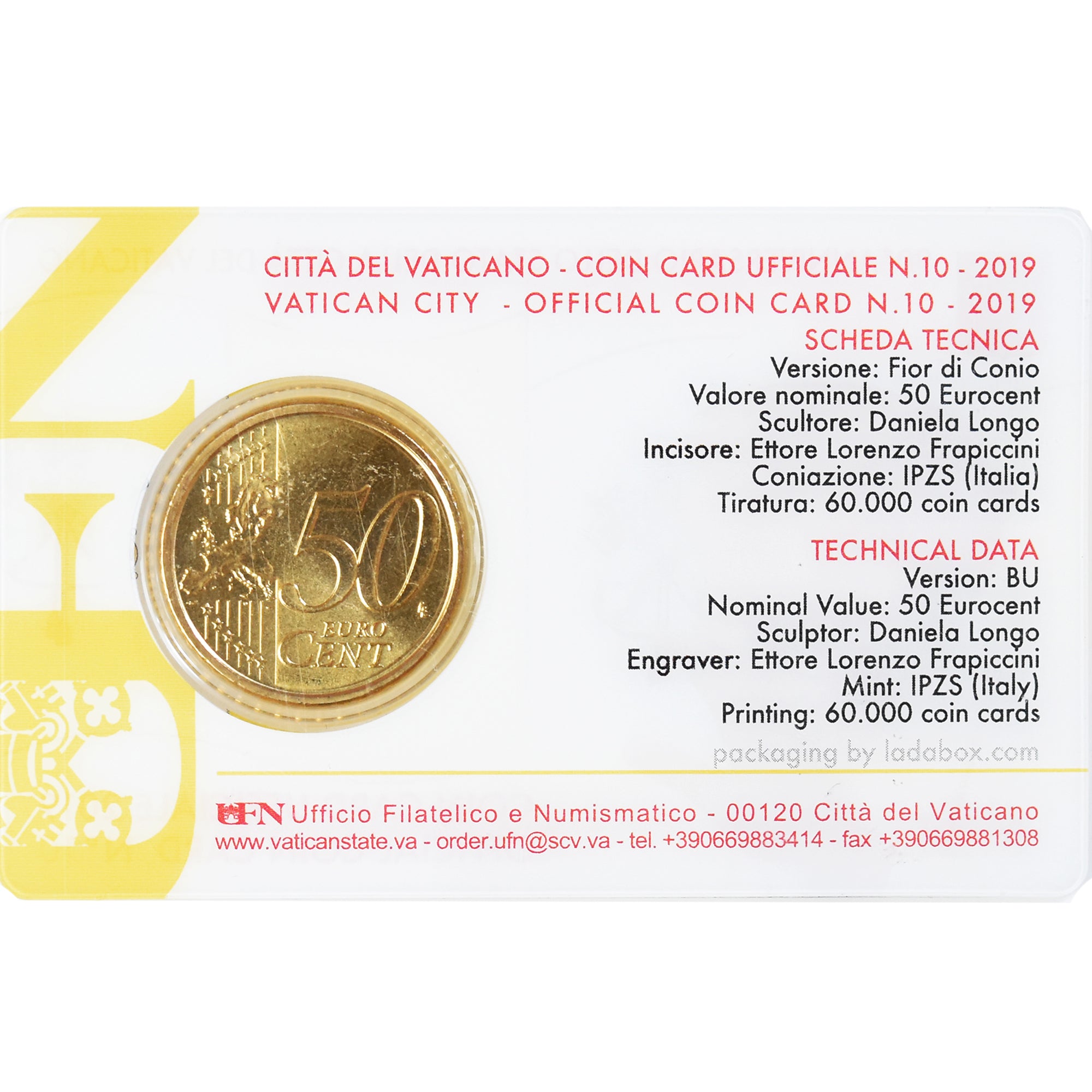 VATICAN CITY, 50 Euro Cent, 2019, Coin card N°10, MS(65-70), Brass