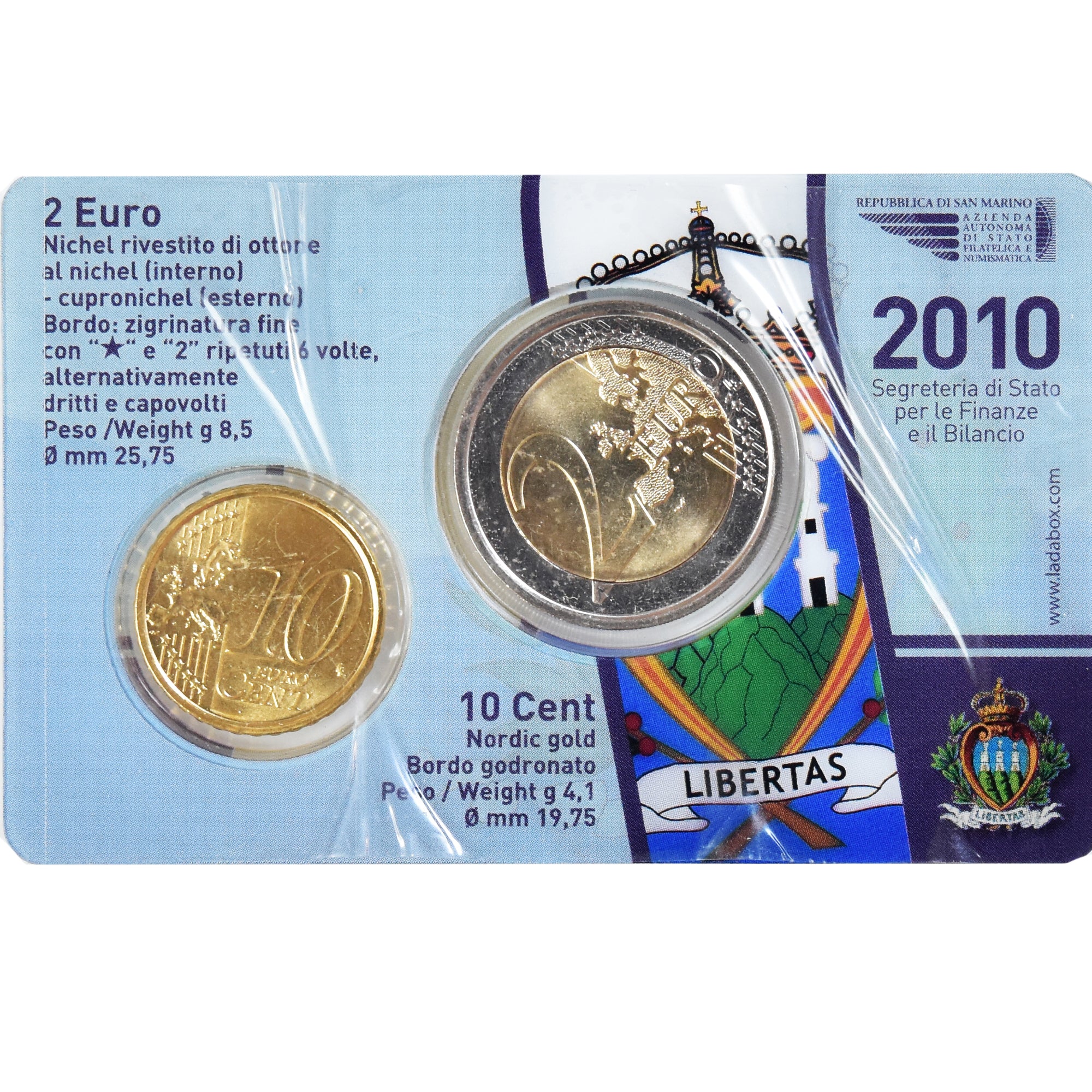 San Marino, 2 Euro, 2010, Rome, Coin Card .BU, MS(65-70), Bi-Metallic, KM:486