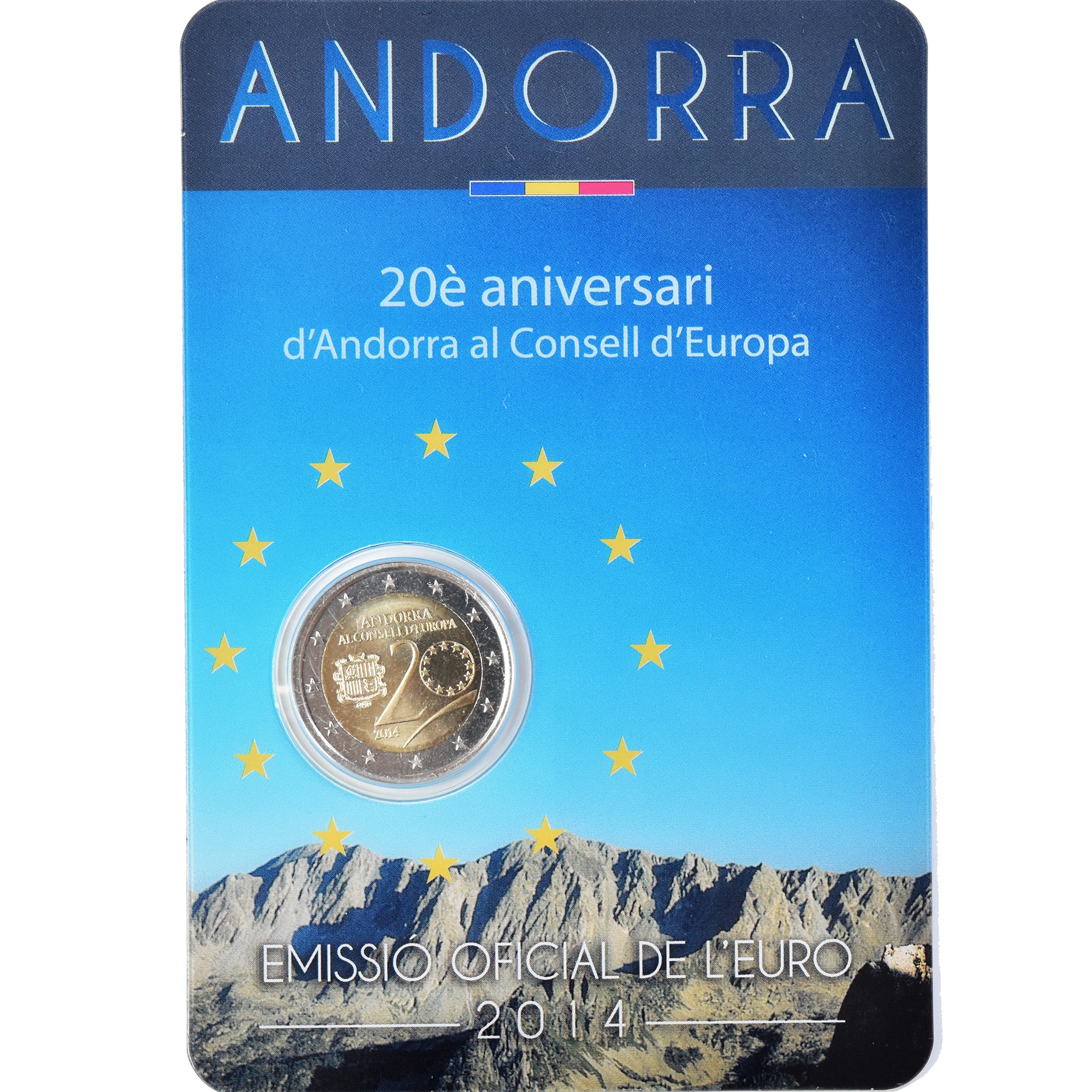 Andorra, 2 Euro, Coin Card, 2014, 20è aniversari d'Andorra al Consell d'Europa