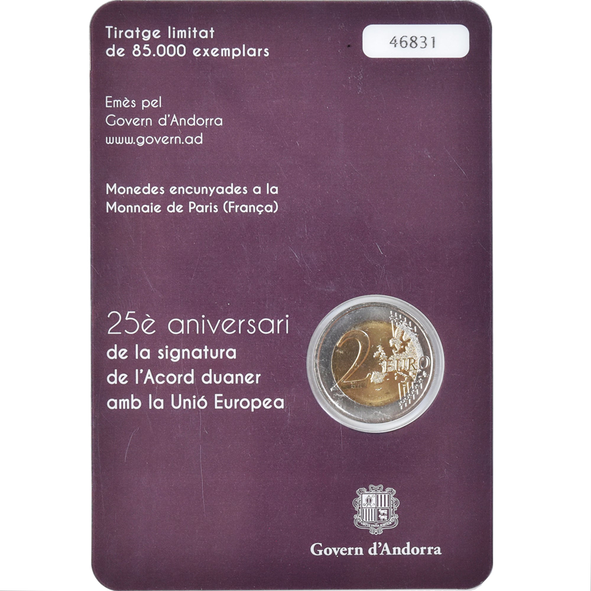 Andorre, 2 Euro, Coin Card, 2015, Accord douanier, FDC, Bimétallique