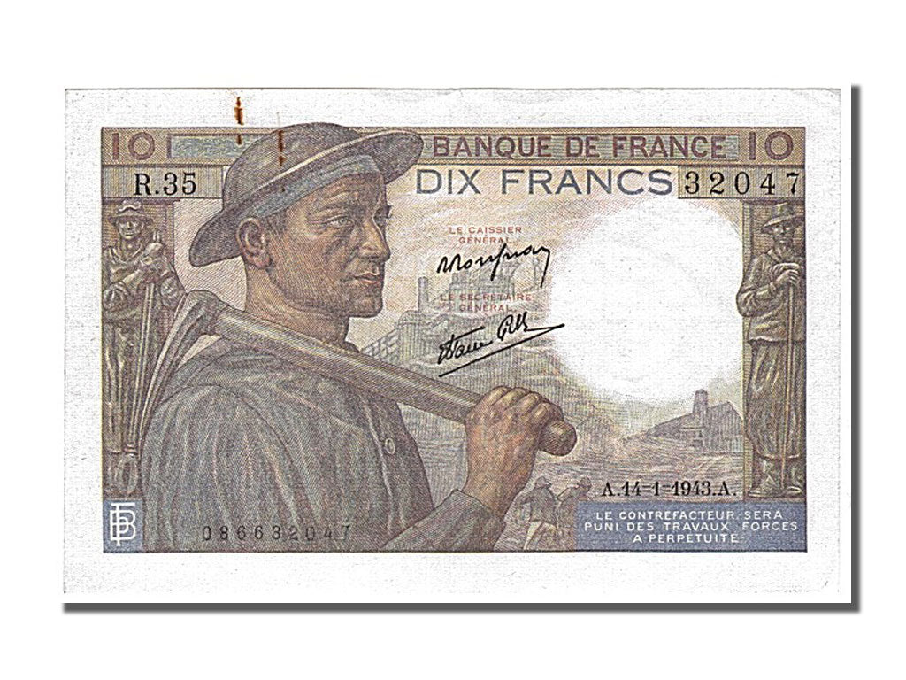Billet, France, 10 Francs, 10 F 1941-1949 ''Mineur'', 1943, 1943-01-14, SUP