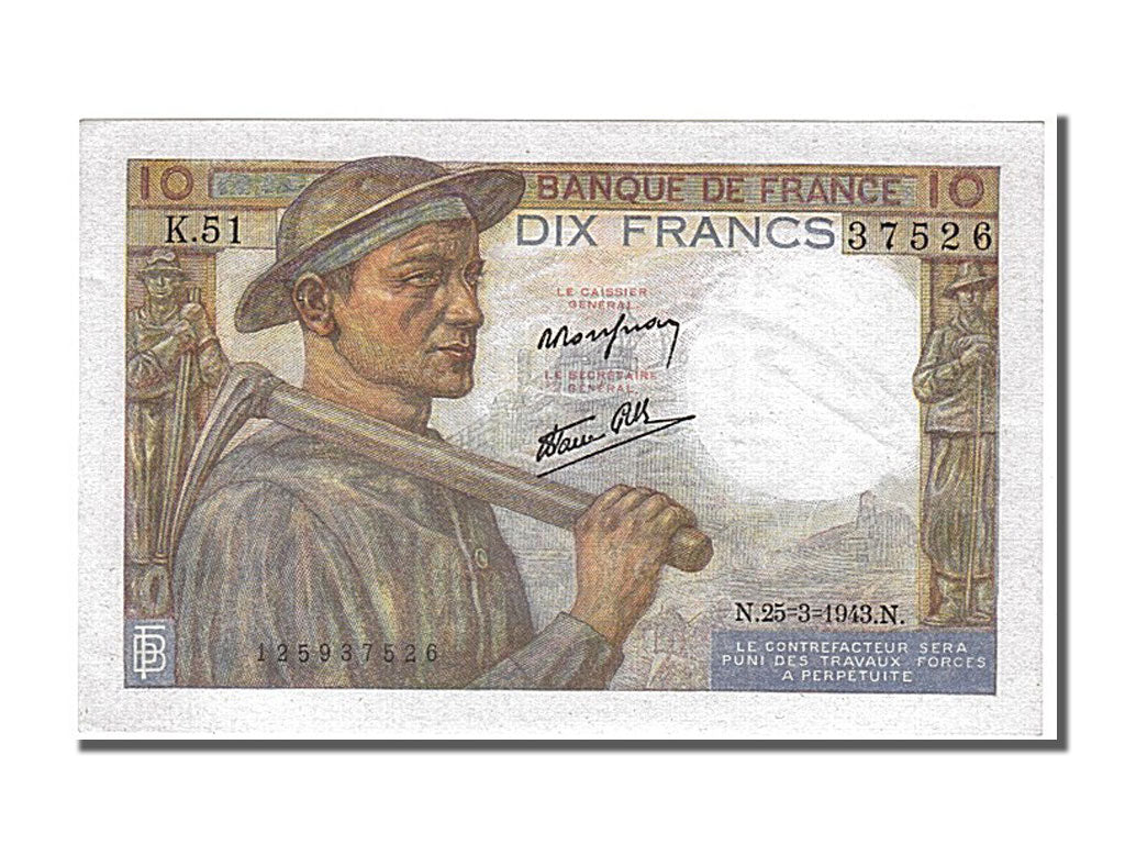 France, 10 Francs, 10 F 1941-1949 ''Mineur'', 1943, KM #99e, 1943-03-25,...