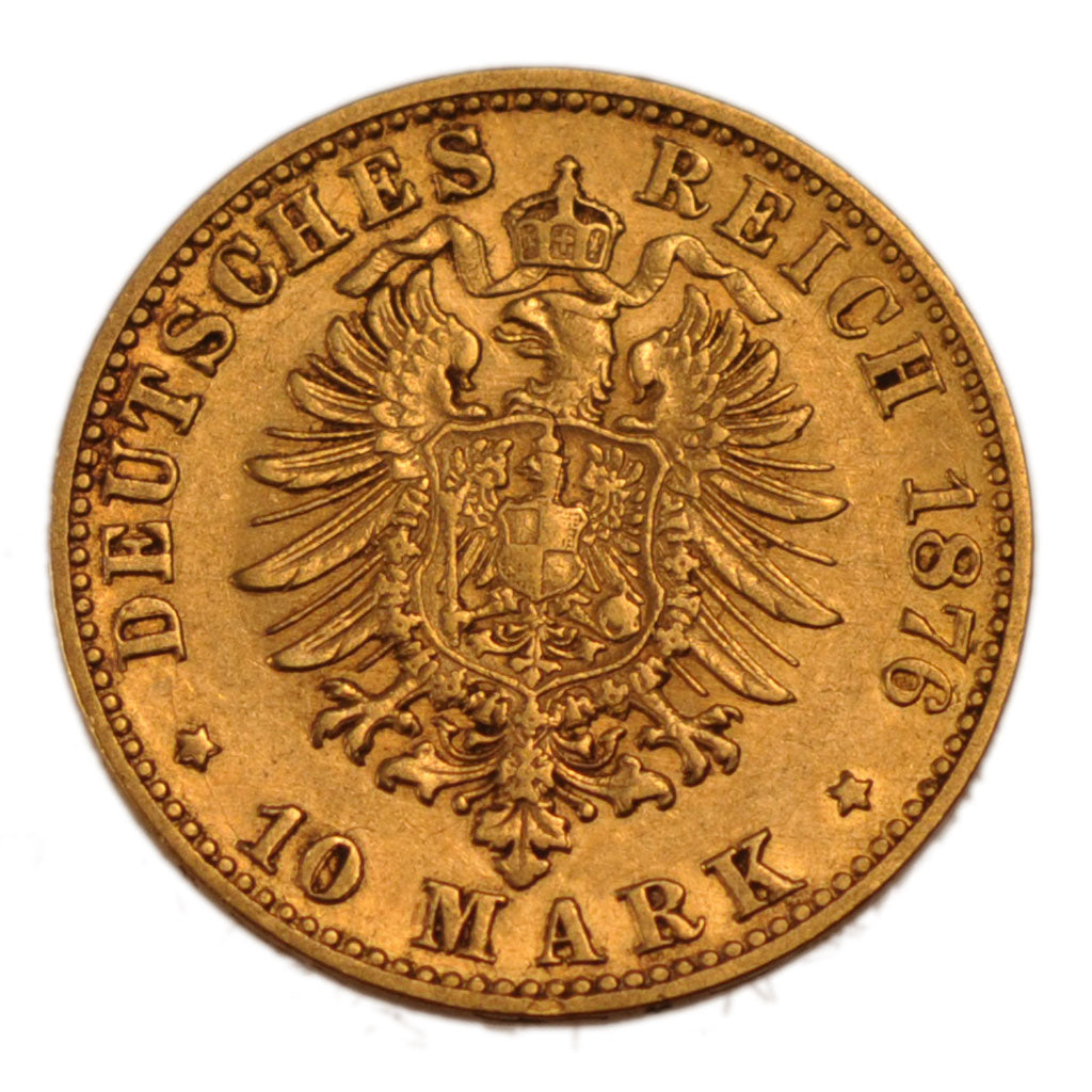 GERMAN STATES, 10 Mark, 1876, Stuttgart, KM #264, AU(50-53), Gold, 3.95