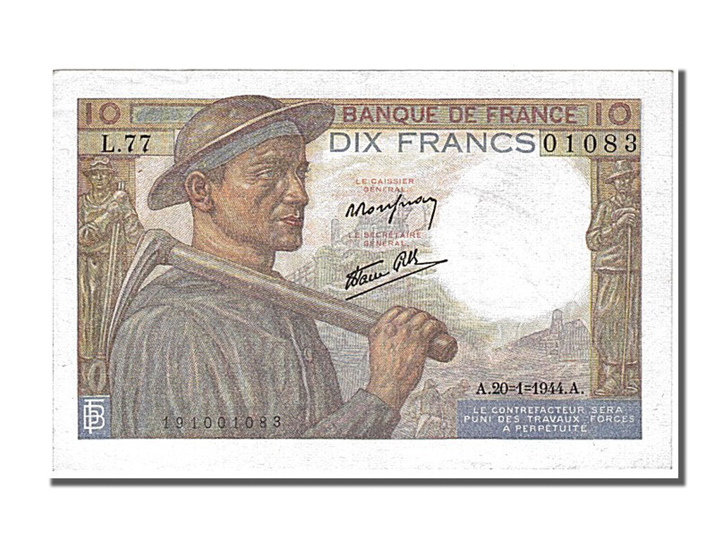 France, 10 Francs, 10 F 1941-1949 ''Mineur'', 1944, KM #99c, 1944-01-20,...