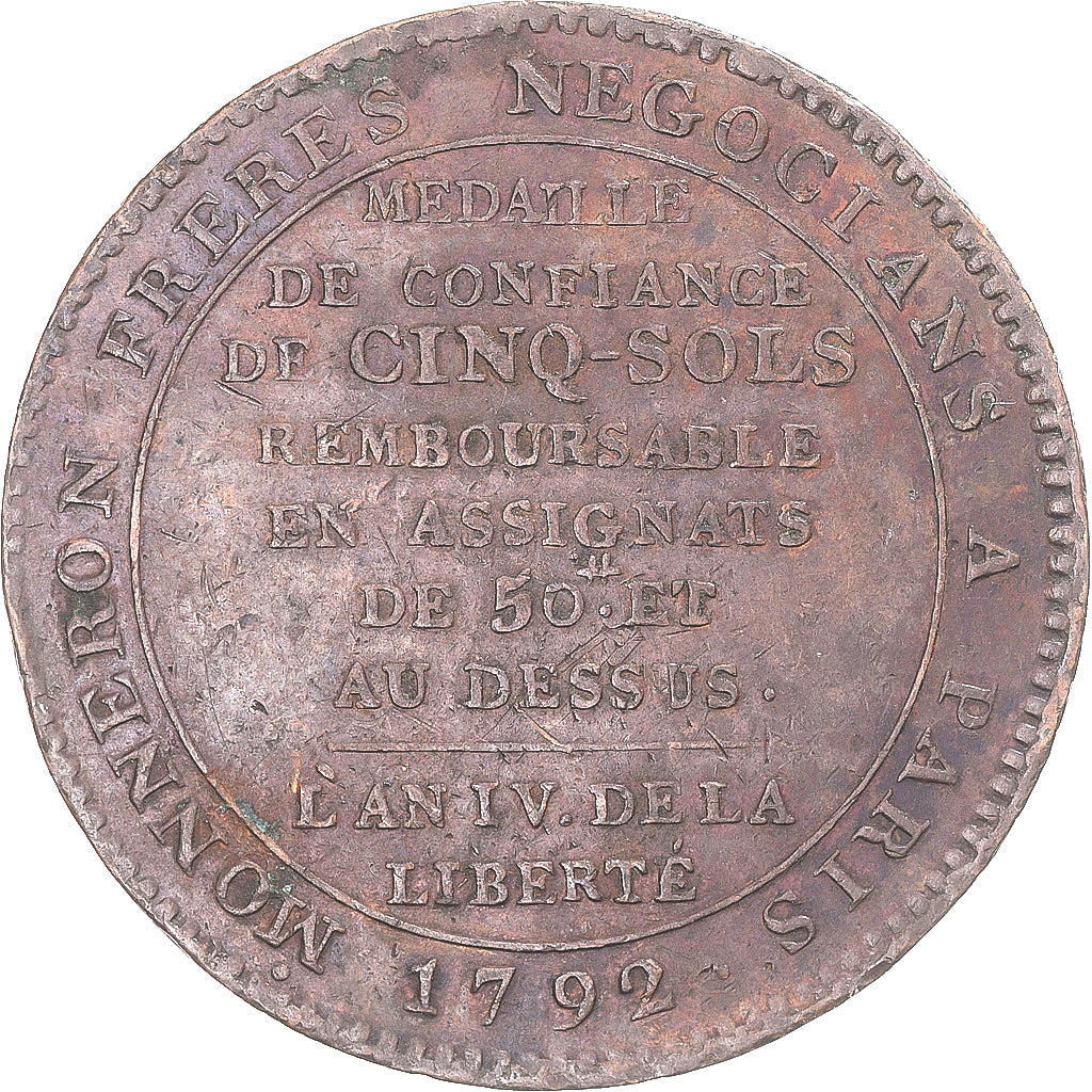 Coin, France, Monneron de 5 Sols, 1792, EF(40-45), Bronze