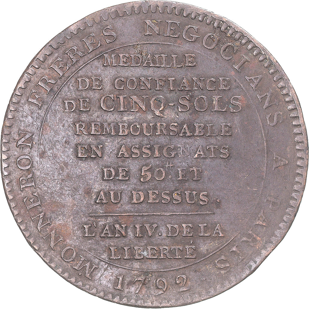 Moneta, Francja, Monneron de 5 Sols, 1792, VF(30-35), Brązowy