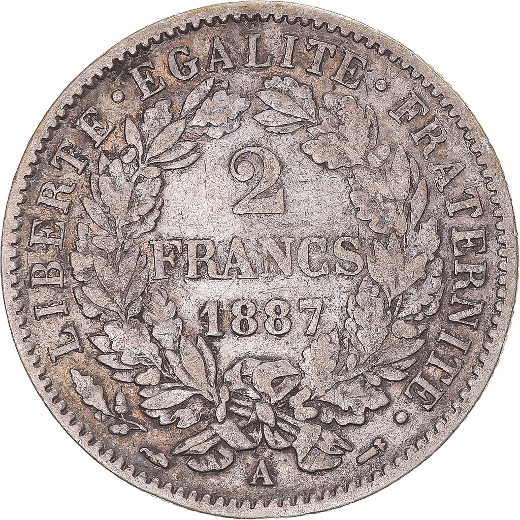 Coin, France, Cérès, 2 Francs, 1887, Paris, VF(30-35), Silver, KM:817.1