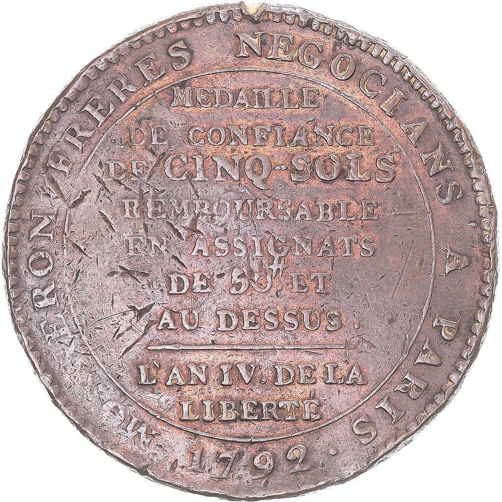 Moneda, Francia, Monneron de 5 Sols, 1792, BC+, Bronce