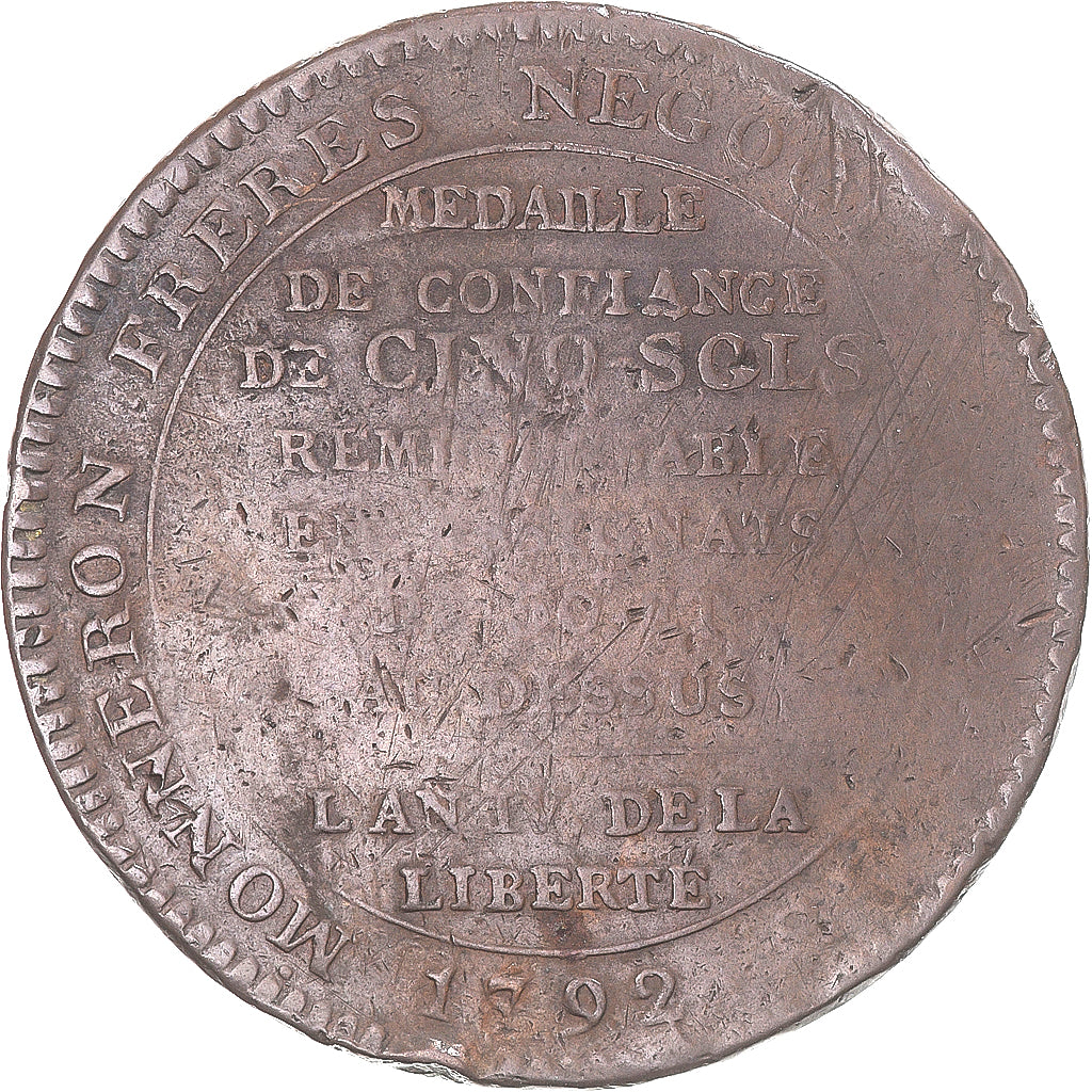 Monnaie, France, Monneron, Monneron de 5 Sols, 1792, TB+, Bronze