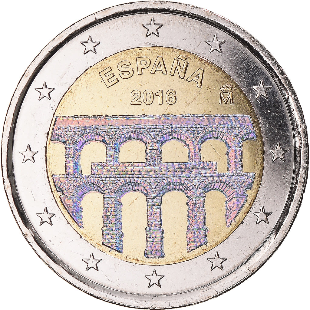 Spagna, 2 Euro, Aqueduc de Ségovie, 2016, Colourized, BB+, Bi-metallico