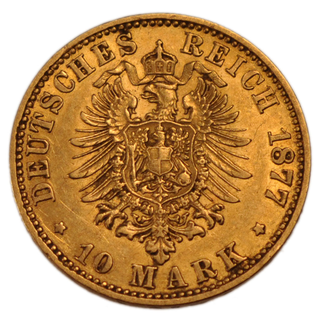 German States, 10 Mark, 1877, Berlin, KM #504, AU(50-53), Gold, 3.95