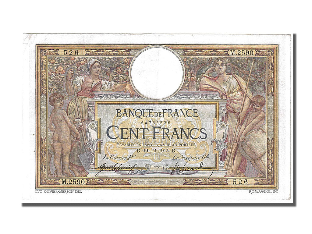 Banknote, France, 100 Francs, 100 F 1908-1939 ''Luc Olivier Merson'', 1914