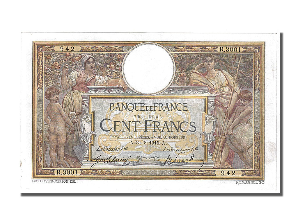France, 100 Francs, 100 F 1908-1939 ''Luc Olivier Merson'', 1915, KM #71a,...