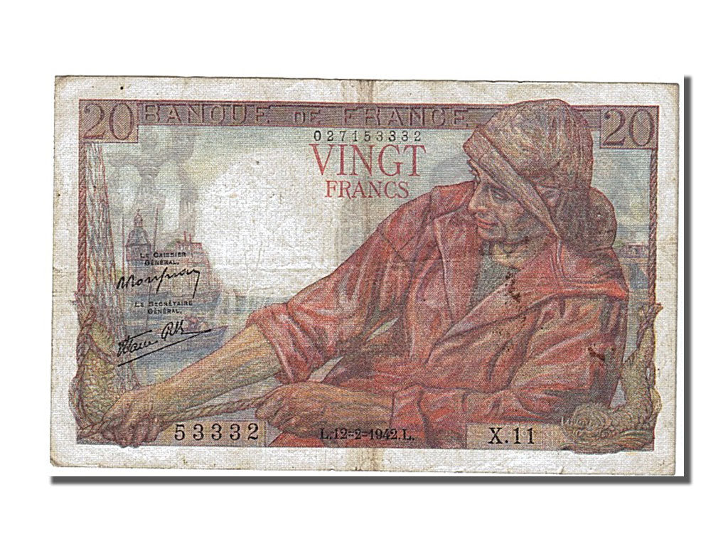 France, 20 Francs, 20 F 1942-1950 ''Pêcheur'', 1942, KM #100a, 1942-02-12, V...