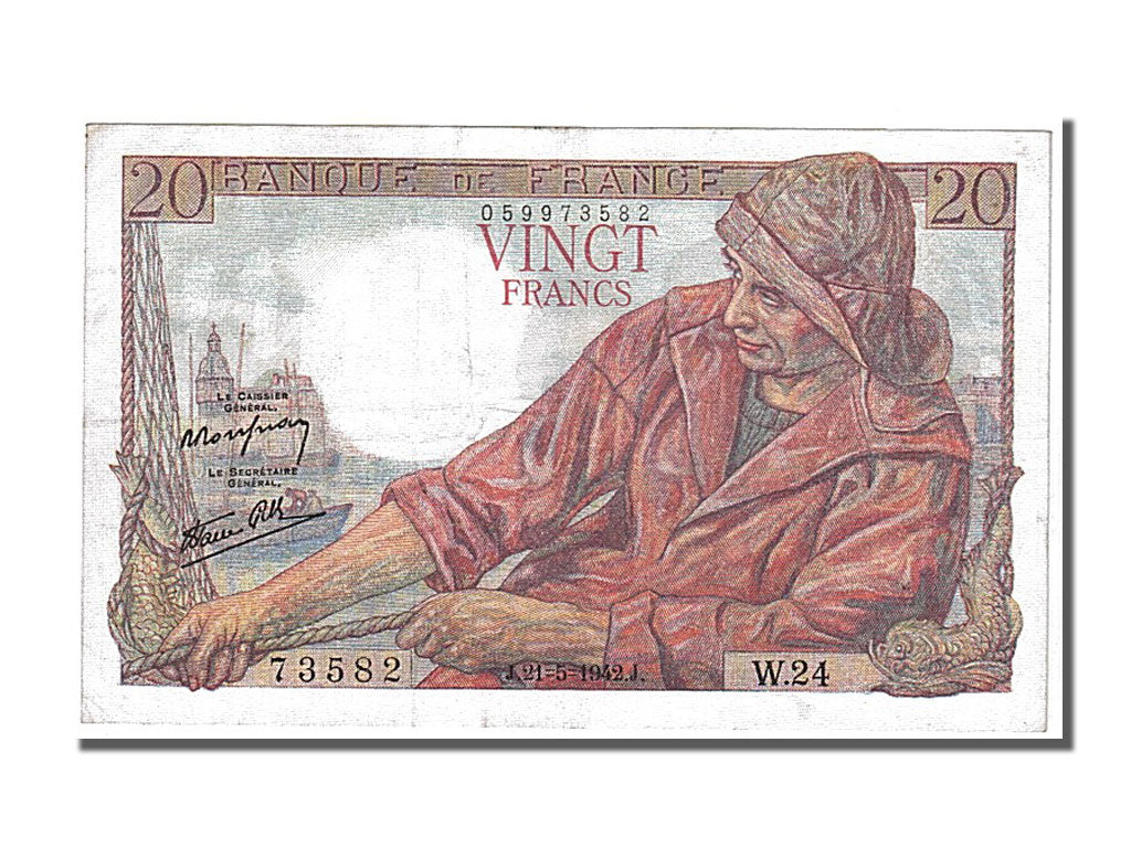 Francia, 20 Francs, 20 F 1942-1950 ''Pêcheur'', 1942, KM:100a, 1942-05-21, S...
