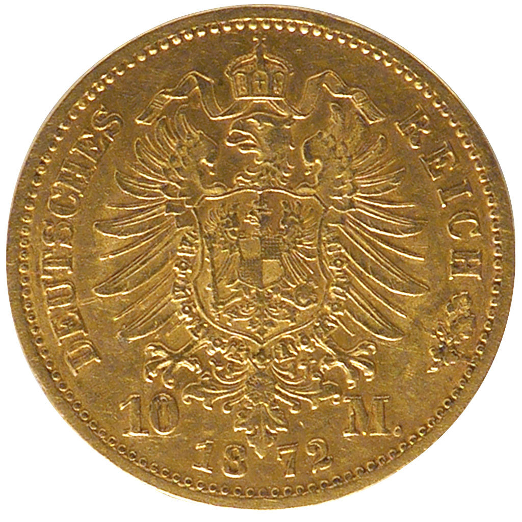 German States, 10 Mark, 1872, Berlin, KM #502, AU(50-53), Gold, 3.93