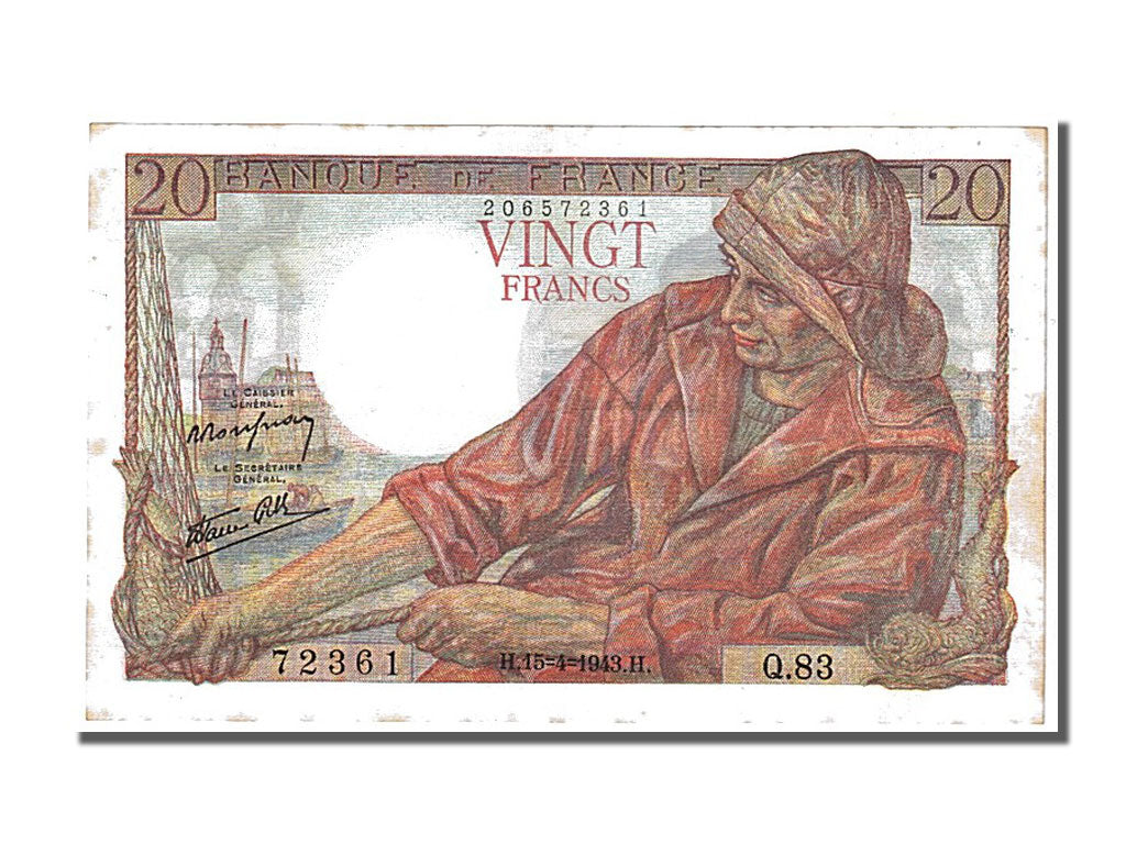 France, 20 Francs, 20 F 1942-1950 ''Pêcheur'', 1943, KM #100a, 1943-04-15, U...