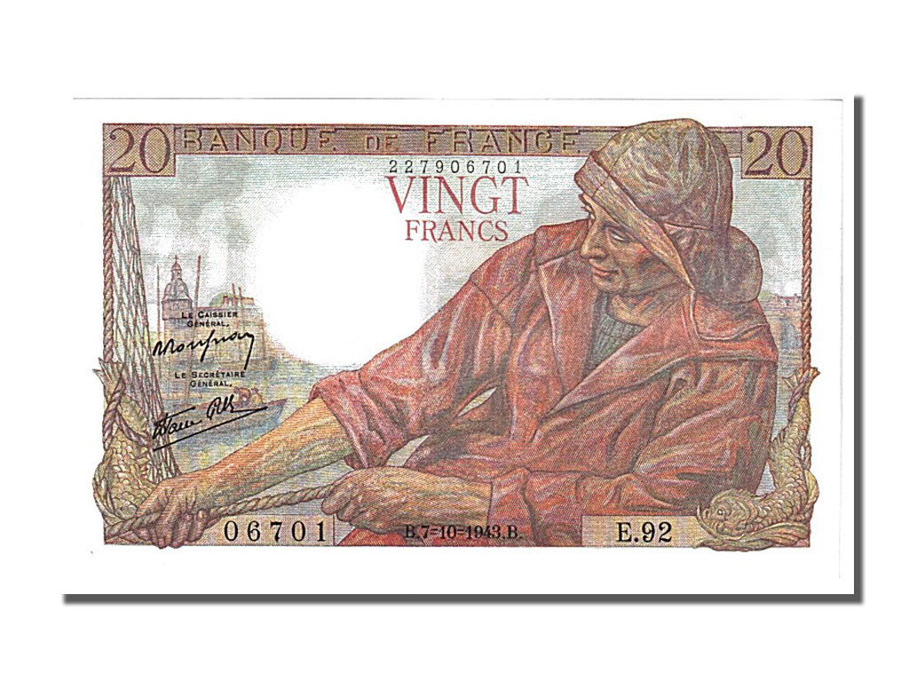 France, 20 Francs, 20 F 1942-1950 ''Pêcheur'', 1943, KM #100a, 1943-10-07, U...