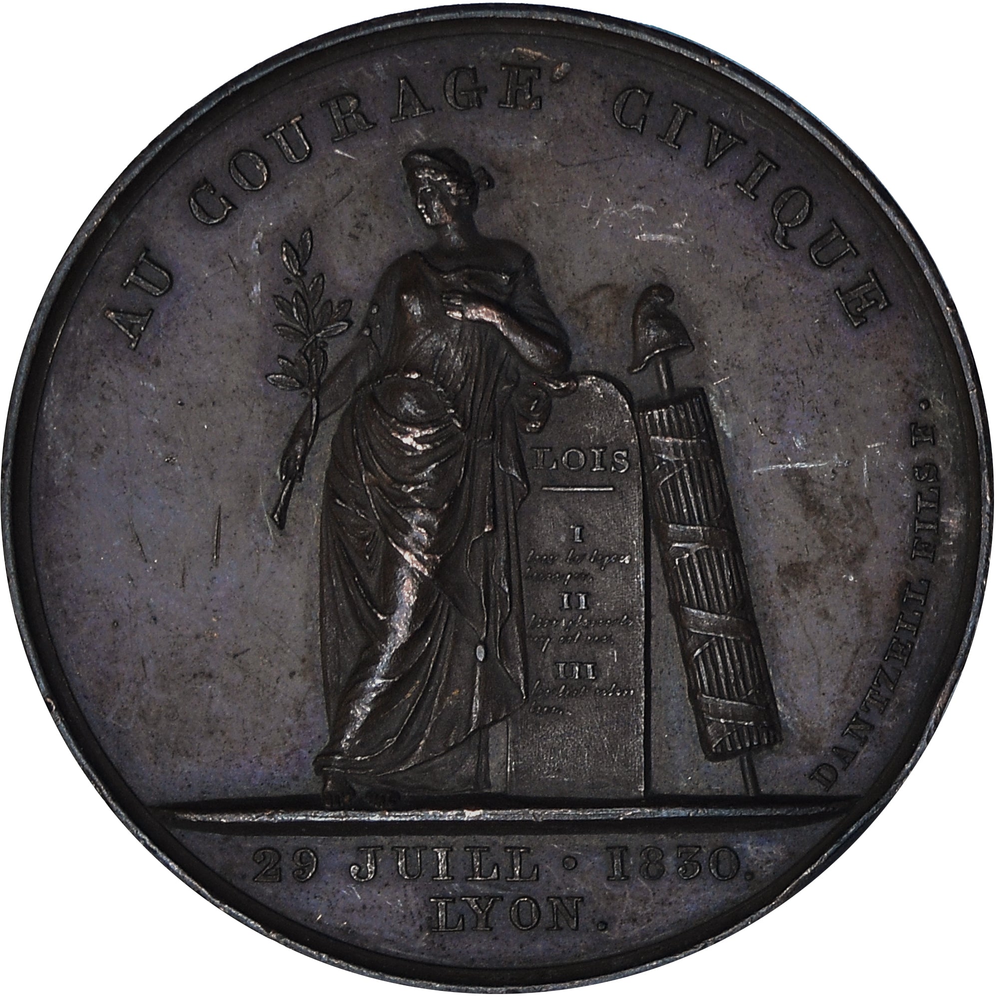 Francia, medalla, Hommage patriotique à J. Morin, History, 1830, Dantzell