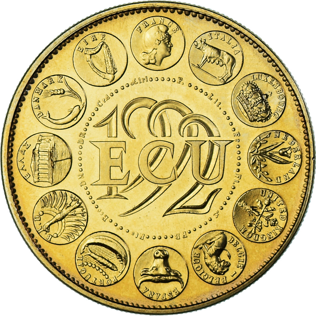 Francia, medalla, Ecu Europa, Marianne, 1992, Rodier, SC+, Bronce dorado