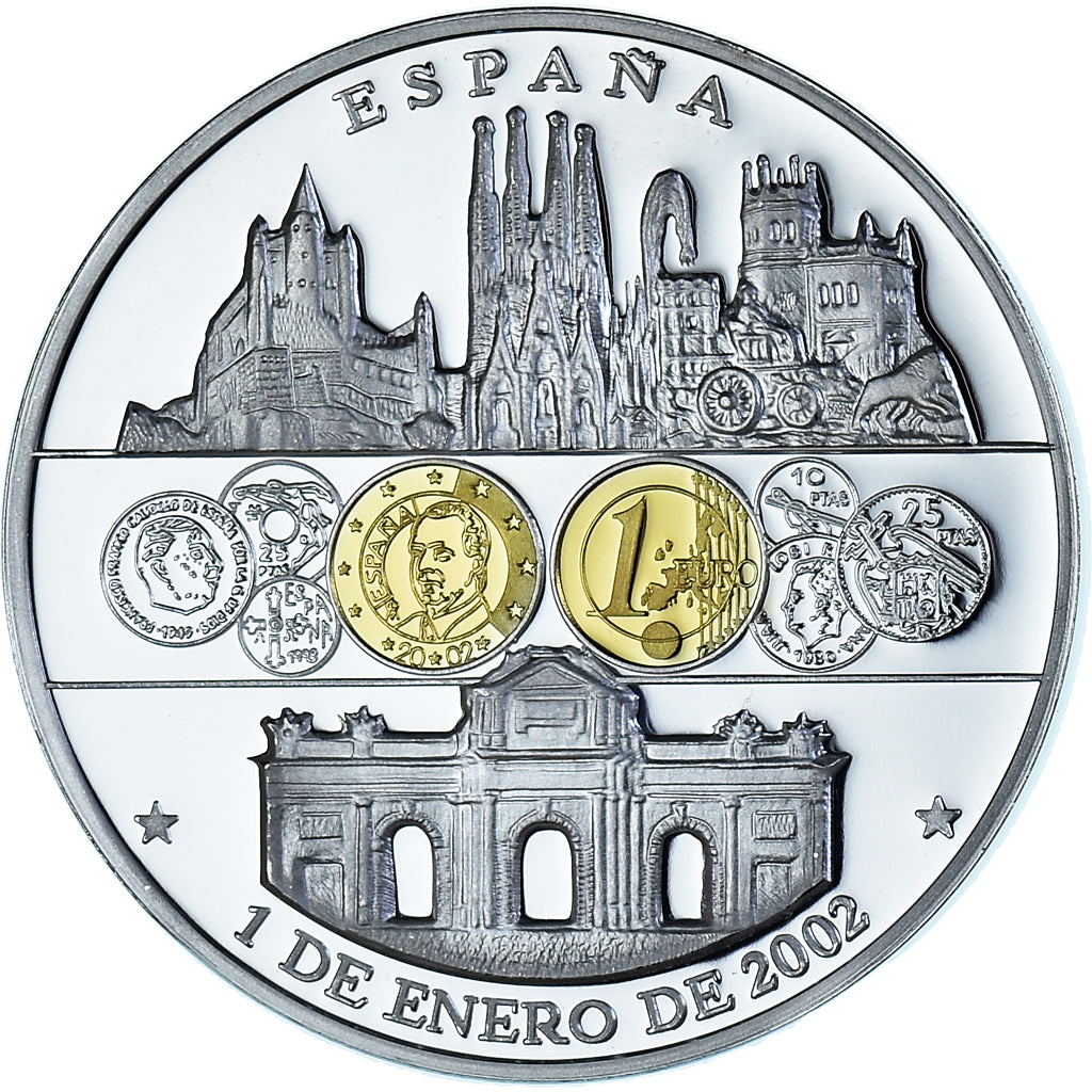 España, medalla, Adoption de l'Euro, Politics, 2002, FDC, Plata chapada en
