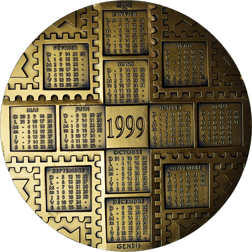 Francia, medalla, Médaille de Table Calendrier, Timbres Poste, 1999, Gendis
