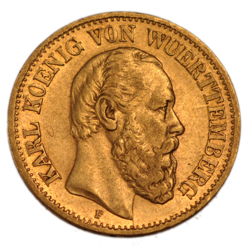 GERMAN STATES, 10 Mark, 1880, Freudenstadt, KM #624, AU(50-53), Gold, 3.96