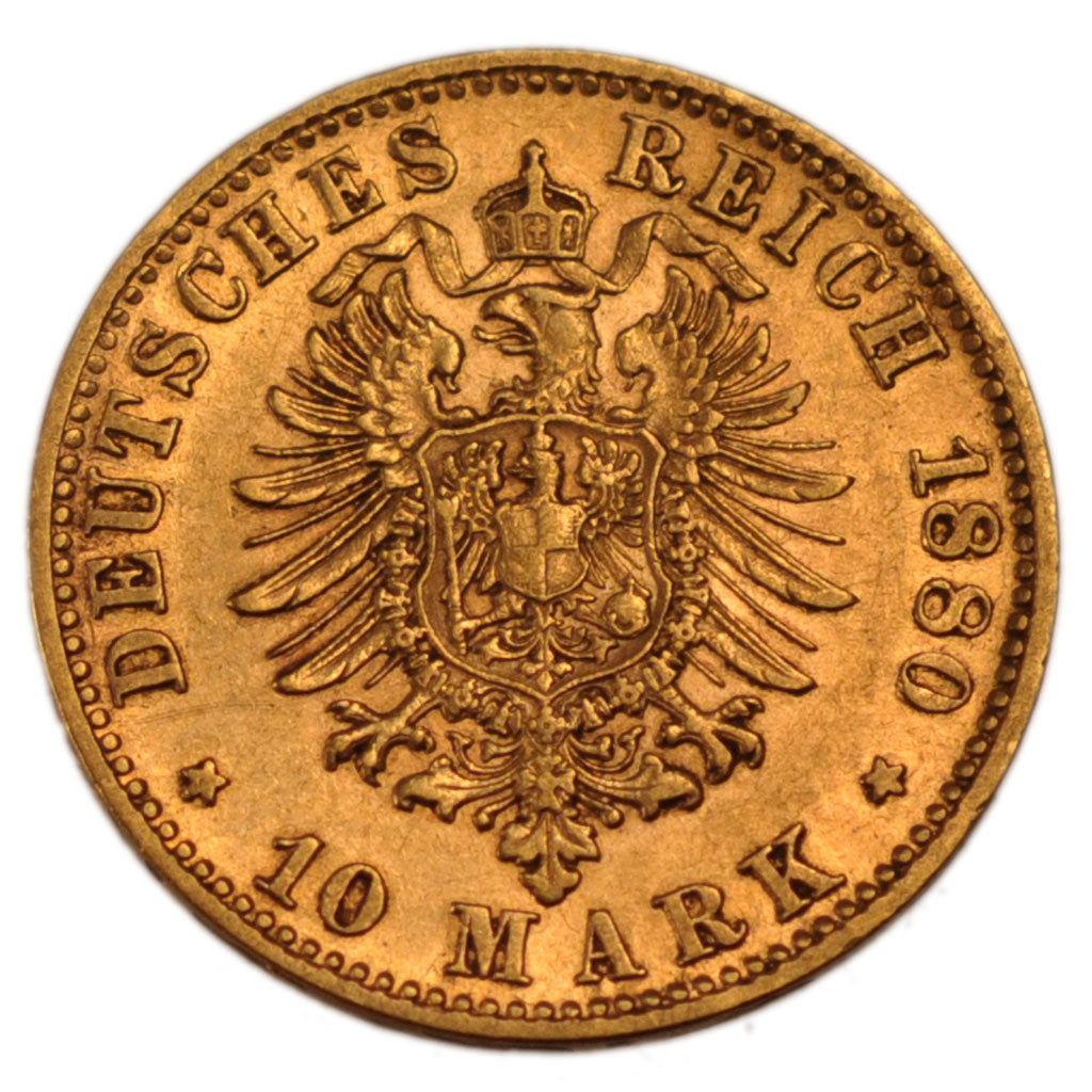 GERMAN STATES, 10 Mark, 1880, Freudenstadt, KM #624, AU(50-53), Gold, 3.96