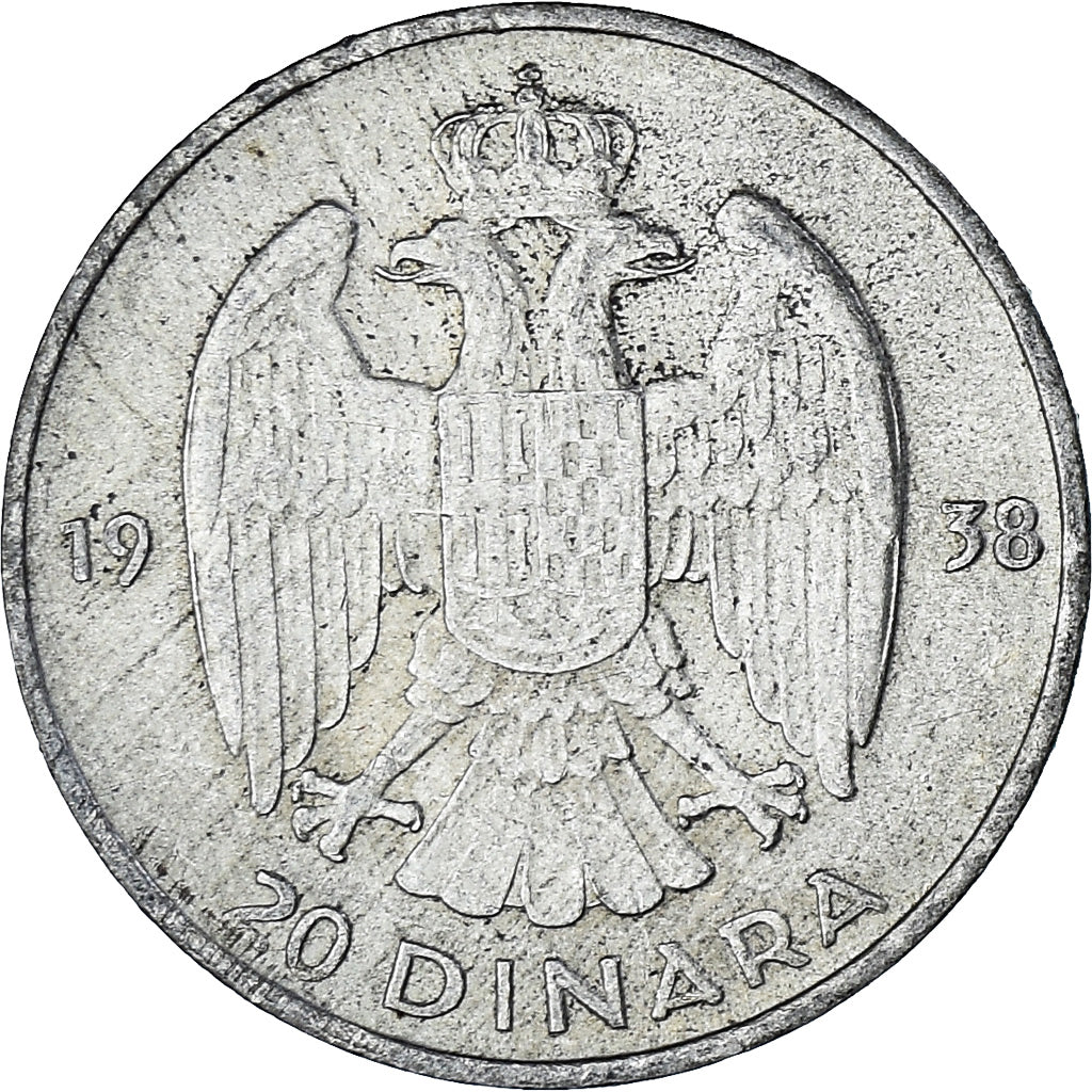 Moneta, Jugosławia, Petar II, 20 Dinara, 1938, AU(55-58), Srebro, KM:23