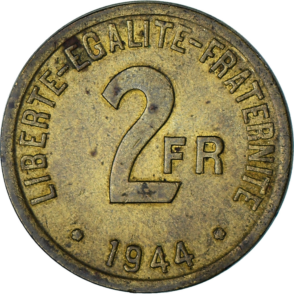 Münze, Frankreich, France Libre, 2 Francs, 1944, Philadelphia, SS, Messing