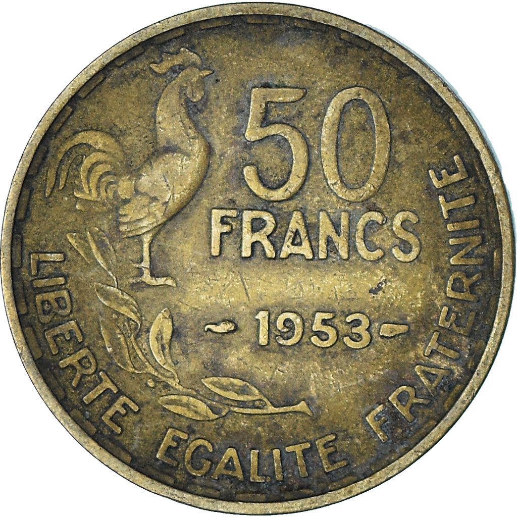 Moeda, França, Guiraud, 50 Francs, 1953, Paris, EF(40-45), Alumínio-Bronze