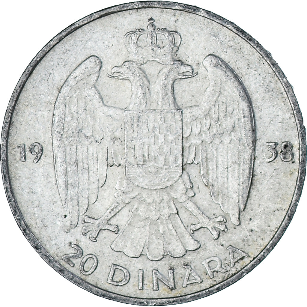 Moneta, Jugosławia, Petar II, 20 Dinara, 1938, AU(55-58), Srebro, KM:23