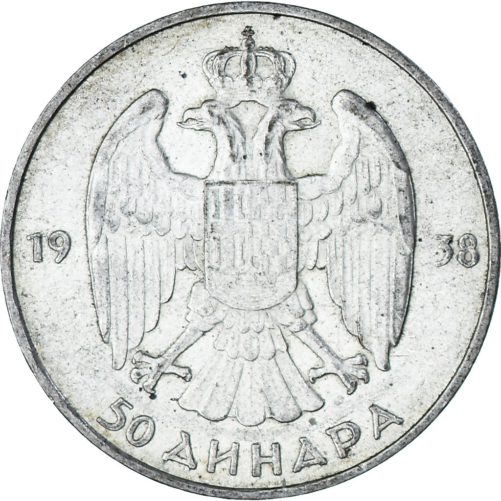 Coin, Yugoslavia, Petar II, 50 Dinara, 1938, AU(55-58), Silver, KM:24