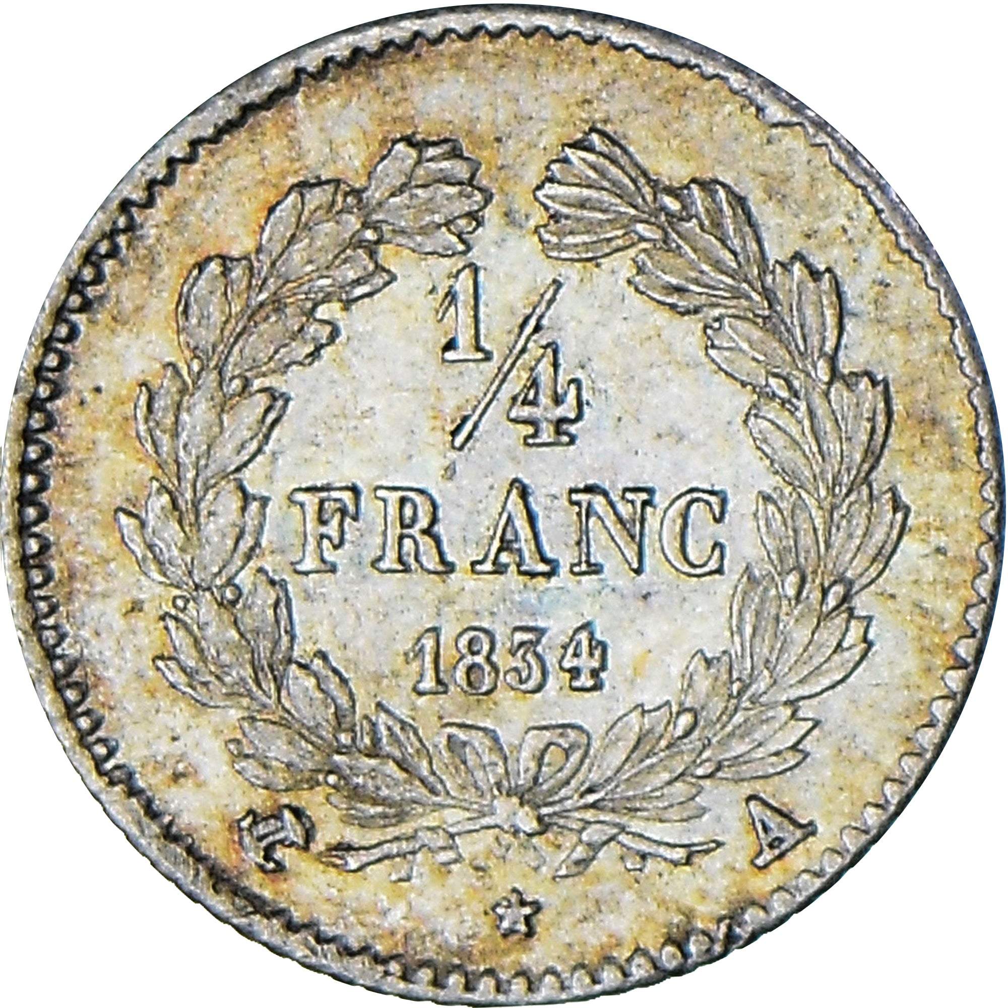 Münze, Frankreich, Louis-Philippe, 1/4 Franc, 1834, Paris, VZ, Silber, KM:740.1